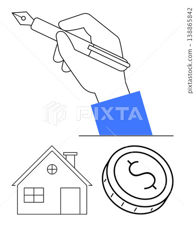Financial decisions, real estate, savings, mortgages, investments, business planning. A hand holds a pen above a house outline and a dollar coin icon. Financial decisions and real estate 138865842