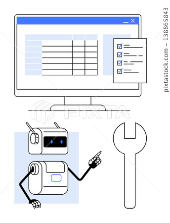 Workflow automation, task management, technical support, artificial intelligence, process optimization, digital tools. Robot pointing to screen with tasks and wrench icon. Workflow automation Workflow automation, task management, technical support, artificial intelligence, process optimization, digital tools. Robot pointing to screen with tasks and wrench icon. Workflow automation 138865843