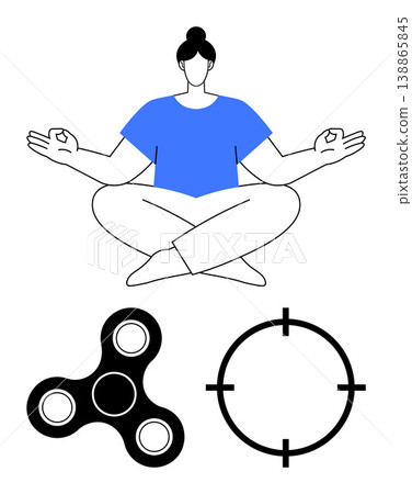 Mindfulness, meditation, focus improvement, stress relief, mental well-being, relaxation exercises. Woman sitting cross-legged with a fidget spinner and target symbol. Meditation and focus 138865845