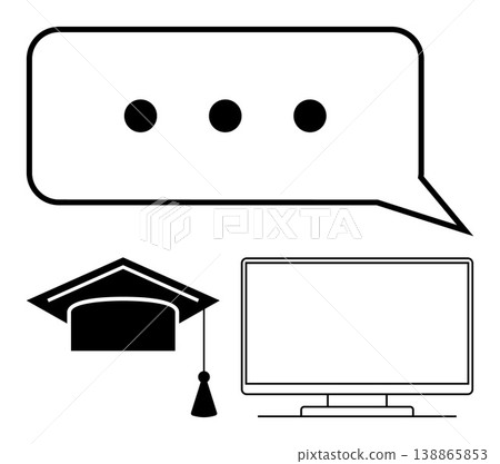 Online education, e-learning, digital communication, virtual classes, academic discussions, remote teaching. Speech bubble, graduation cap and computer monitor. Online education and e-learning Online education, e-learning, digital communication, virtual classes, academic discussions, remote teaching. Speech bubble, graduation cap and computer monitor. Online education and e-learning 138865853