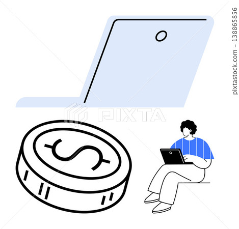 Online shopping, remote work, digital finance, e-learning, modern technology, money management. A laptop, dollar coin and person with a laptop. Digital finance and online shopping concept Online shopping, remote work, digital finance, e-learning, modern technology, money management. A laptop, dollar coin and person with a laptop. Digital finance and online shopping concept 138865856
