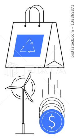 Sustainability, renewable energy, eco-shopping, green finance, environmental conservation, economic growth. Shopping bag with recycling symbol, wind turbine falling coins. Sustainability 138865873