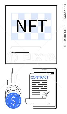 Cryptocurrency, blockchain, digital ownership, smart contracts, online transactions, digital assets. Composition includes an NFT label, coins and a digital contract. Cryptocurrency and blockchain 138865874