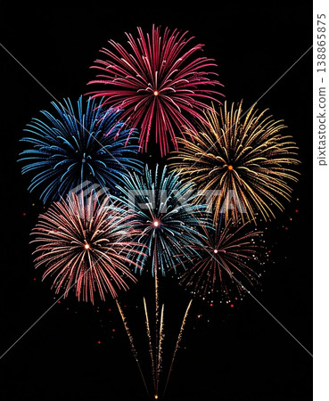 絢麗多彩的煙火照亮夜空－慶祝活動、夏季祭典、日式風格畫面、黑色背景素材 138865875