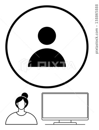 User experience, online profiles, digital identity, communication, social networks, remote interactions. Bold user icon, woman avatar computer monitor. Digital identity and user experience concept 138865888