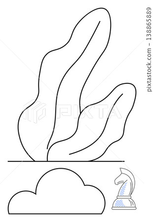 Creativity, strategy, minimalism, abstract symbols, artistic design, decoration. Abstract line art with organic shapes, cloud and chess knight . Creativity and strategy concept 138865889