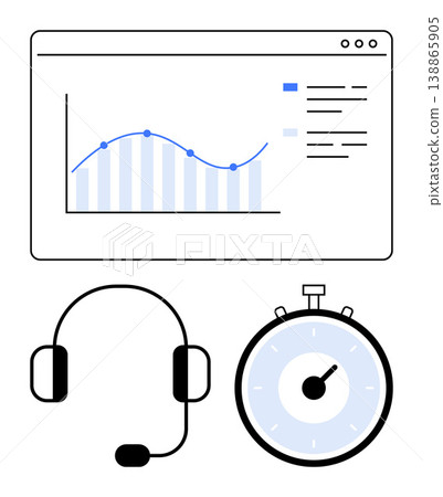 Business analytics, customer support, time management, productivity tools, communication solutions, performance analysis. Line graph, headset and stopwatch icons . Customer support and time Business analytics, customer support, time management, productivity tools, communication solutions, performance analysis. Line graph, headset and stopwatch icons . Customer support and time 138865905