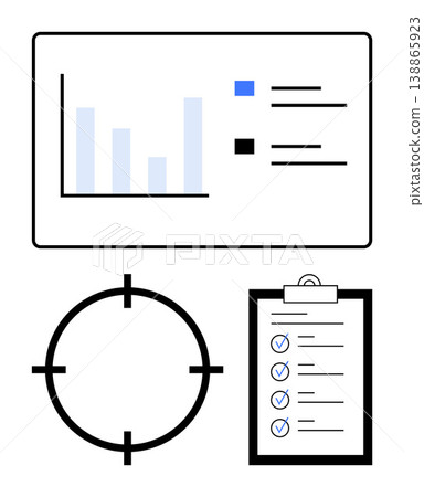 Data management, project planning, performance analysis, goal setting, business strategy, productivity tools. A bar chart, target circle and checklist on a clipboard. Data management and project 138865923