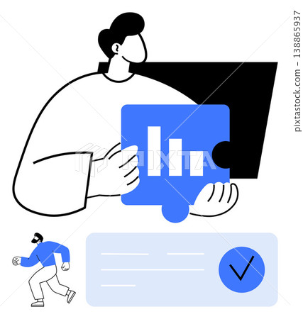 Data analytics, teamwork, efficiency, business solutions, performance tracking, workflow. A person holding a puzzle chart and a check symbol. Data analytics and teamwork for business solutions 138865937
