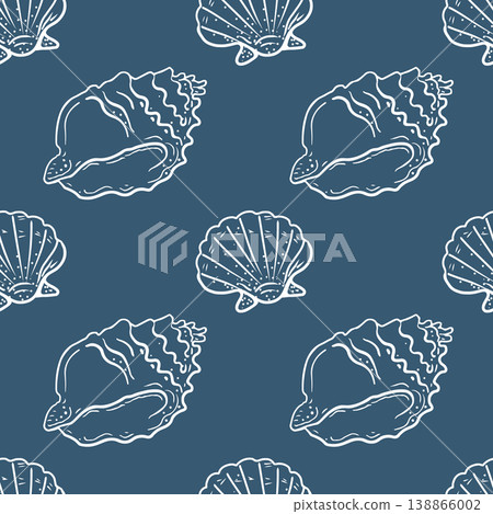 Hand drawn seamless pattern with tropical seashells on blue background. 138866002