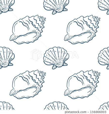 Hand drawn seamless pattern with tropical seashells on white background. 138866003