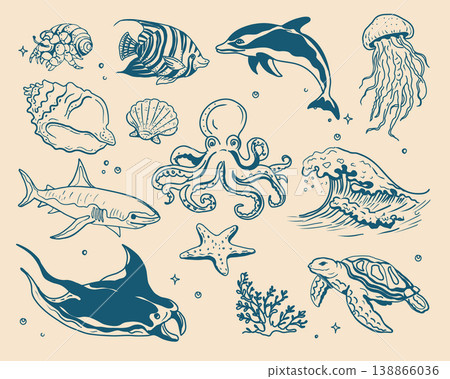 Hand drawn vintage mediterranean blue set of sea animals and fish.. Dolce vita style illustrations perfect for travel guide, map, cards, posters, banners. Hand drawn vintage mediterranean blue set of sea animals and fish.. Dolce vita style illustrations perfect for travel guide, map, cards, posters, banners. 138866036