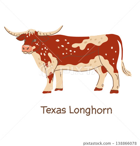 Cow Texas Longhorn breed. Hand drawn vector illustration. Cow Texas Longhorn breed. Hand drawn vector illustration. 138866078