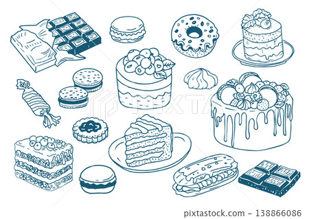 Hand drawn vintage desserts set. Dolce vita food illustration in mediterranean blue style perfect for cafe or restaurant menus design. Hand drawn vintage desserts set. Dolce vita food illustration in mediterranean blue style perfect for cafe or restaurant menus design. 138866086