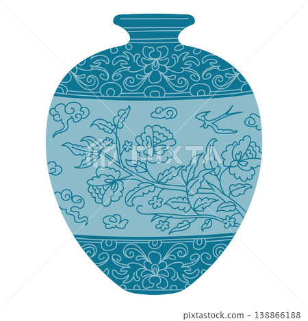 Elegant traditional Asian vase, vector vintage oriental pottery with blue floral ornament, blossom flowers branch, bird 138866188