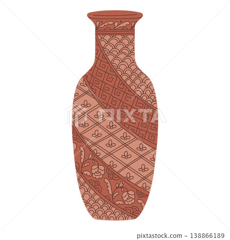 Elegant traditional Asian vase, vector brown porcelain or clay tableware, vintage oriental pottery with floral ornaments Elegant traditional Asian vase, vector brown porcelain or clay tableware, vintage oriental pottery with floral ornaments 138866189