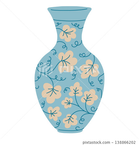 Elegant traditional Asian vase, vector vintage oriental pottery with blue floral ornaments and beige blossom flowers Elegant traditional Asian vase, vector vintage oriental pottery with blue floral ornaments and beige blossom flowers 138866202