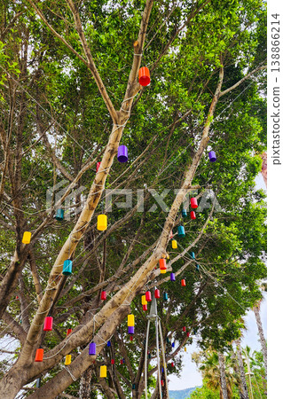 Tree branches decorated with colorful hanging pots Tree branches decorated with colorful hanging pots 138866214