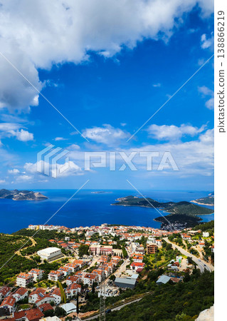 Panoramic top view of seaside resort city of Kas in Turkey. Panoramic top view of seaside resort city of Kas in Turkey. 138866219