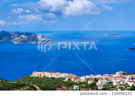 Panoramic top view of seaside resort city of Kas in Turkey. Panoramic top view of seaside resort city of Kas in Turkey. 138866220