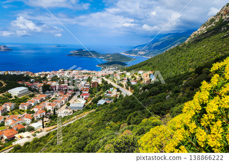 Panoramic top view of seaside resort city of Kas in Turkey. Panoramic top view of seaside resort city of Kas in Turkey. 138866222