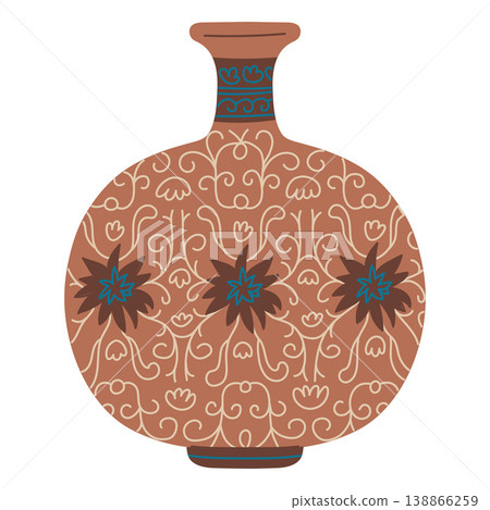 Elegant traditional Asian wide vase, vector brown porcelain or clay tableware, vintage oriental pottery floral ornaments 138866259