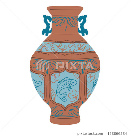 Traditional Asian vase, vector vintage oriental pottery with blue and brown floral ornaments and fish, porcelain amphora Traditional Asian vase, vector vintage oriental pottery with blue and brown floral ornaments and fish, porcelain amphora 138866284