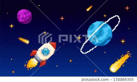 Space with planets, meteorites, spaceship pixel art, interstellar cosmic exploration vector 8 bit video game background Space with planets, meteorites, spaceship pixel art, interstellar cosmic exploration vector 8 bit video game background 138866305