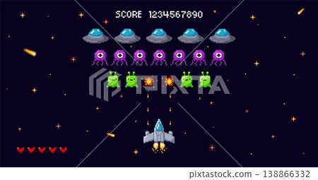 A pixelated space background for an arcade game with a ship shooting at aliens in a starry sky. A pixelated space background for an arcade game with a ship shooting at aliens in a starry sky. 138866332