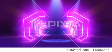 Pink neon lines corridor with light effects, tunnel with electric glowing laser frame, luminous geometric portal, gate Pink neon lines corridor with light effects, tunnel with electric glowing laser frame, luminous geometric portal, gate 138866356