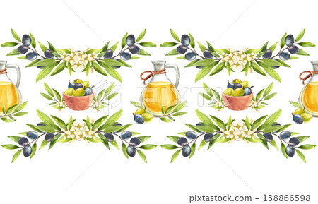 Olive oil in a glass jug with a wooden bowl of olives, watercolor seamless border. Hand drawn frame with green branches and leaves with flowers for menu design, farm shop, and postcards. Olive oil in a glass jug with a wooden bowl of olives, watercolor seamless border. Hand drawn frame with green branches and leaves with flowers for menu design, farm shop, and postcards. 138866598