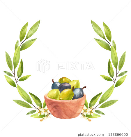 Wooden plate with green and dark olives, watercolor wreath. Hand drawn frame with southern greenery and Mediterranean food in rustic style for menu design, farm shop, cards Wooden plate with green and dark olives, watercolor wreath. Hand drawn frame with southern greenery and Mediterranean food in rustic style for menu design, farm shop, cards 138866600
