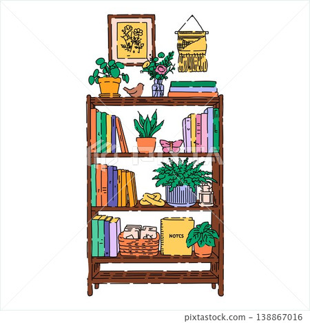 Cozy Bookshelf with Plants and Books Hand Drawn Illustration Cozy Bookshelf with Plants and Books Hand Drawn Illustration 138867016