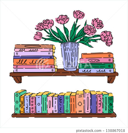 Cozy Wall Shelves with Books and Pink Flowers Illustration 138867018