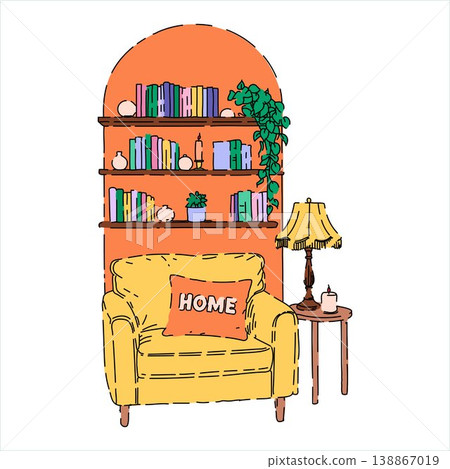 Cozy Reading Nook with Yellow Armchair and Bookshelf Illustration 138867019