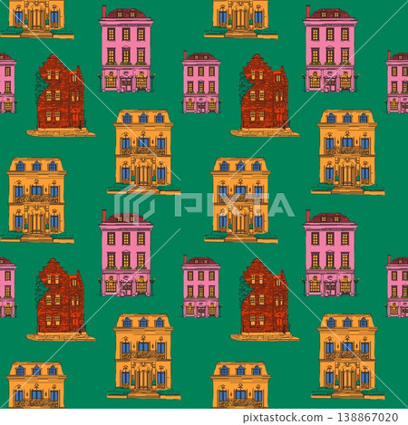 Seamless Pattern of Colorful Vintage Houses on Green Background 138867020