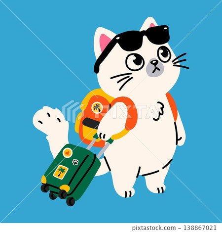Cute Travel Cat with Suitcase and Backpack Cartoon Illustration 138867021