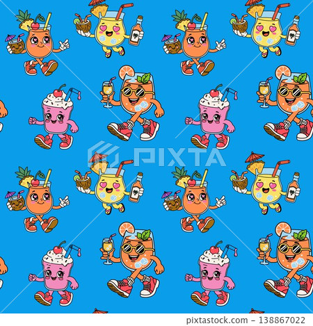Kawaii Summer Cocktail Characters Repeating Pattern on Blue Background 138867022
