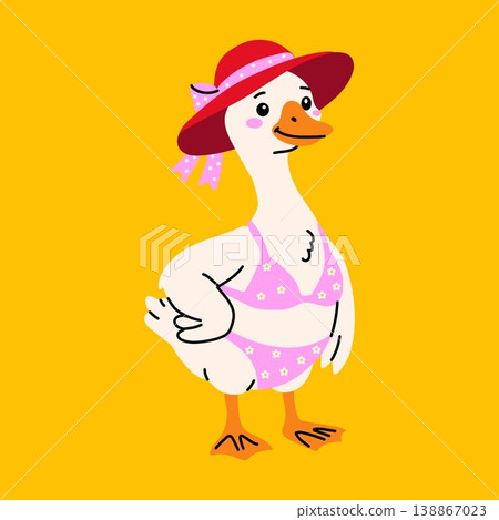 Kawaii Goose Beach Character in Pink Swimwear on Yellow Background 138867023