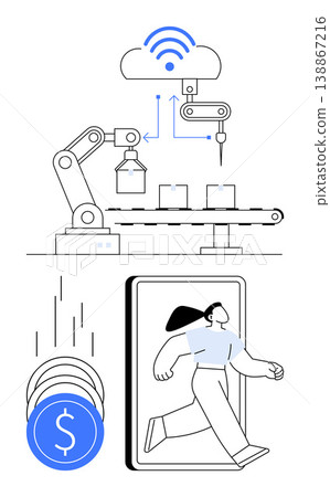 Automation, e-commerce, cloud technology, digital payments, online shopping, manufacturing process. Robotic arm and cloud-based system with coins, and an online shopper. Automation and e-commerce Automation, e-commerce, cloud technology, digital payments, online shopping, manufacturing process. Robotic arm and cloud-based system with coins, and an online shopper. Automation and e-commerce 138867216