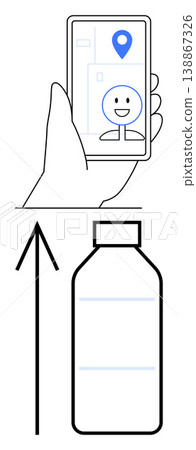 Navigation, location tracking, delivery services, product identification, technology usage, sustainability. Hand holding phone with location pin and happy above a bottle with arrow. Navigation Navigation, location tracking, delivery services, product identification, technology usage, sustainability. Hand holding phone with location pin and happy above a bottle with arrow. Navigation 138867326