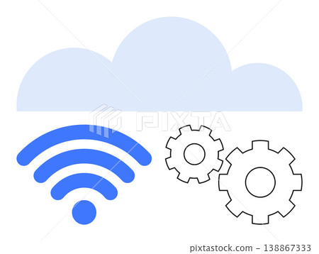 Cloud computing, wireless technology, system integration, automation, data storage, IoT. Simplified cloud, wireless signal and gear icons. Cloud computing and wireless technology concept Cloud computing, wireless technology, system integration, automation, data storage, IoT. Simplified cloud, wireless signal and gear icons. Cloud computing and wireless technology concept 138867333