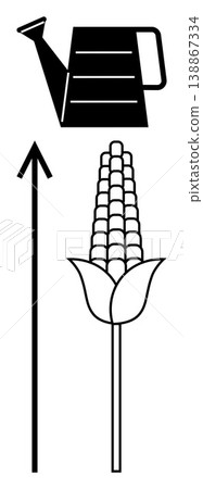 Agriculture, sustainability, farming practices, food production, growth, environmental care. Watering can, corn arrow pointing upward. Agriculture and sustainability concept for modern farming 138867334