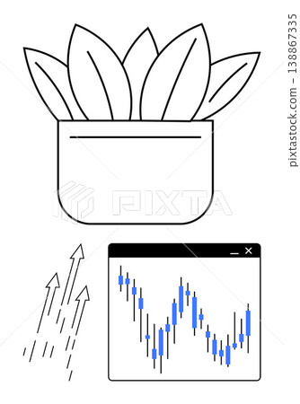 Financial growth, investment planning, eco-finance, sustainability, stock market trends, business concepts. Plant pot with leaves and stock chart illustration. Financial growth and investment 138867335