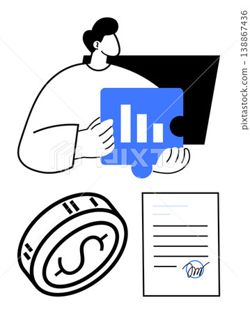 Data visualization, financial agreements, economic analysis, business strategy, digital economy, finance communication. Person holding a chart, dollar coin signed document. Business strategy 138867436