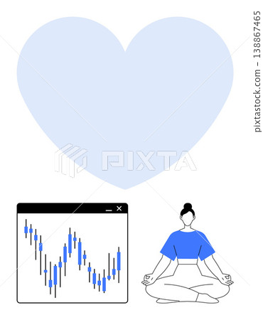 Financial planning, mental wellness, trading strategies, mindfulness, balance, investment. A person meditating next to a stock growth chart with a heart icon. Mental wellness and financial planning Financial planning, mental wellness, trading strategies, mindfulness, balance, investment. A person meditating next to a stock growth chart with a heart icon. Mental wellness and financial planning 138867465