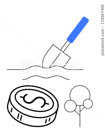 Sustainable growth, financial investment, eco-friendly practices, future planning, wealth creation, environmental care. Shovel digging soil, coin symbol and tree. Sustainable growth and financial 138867466