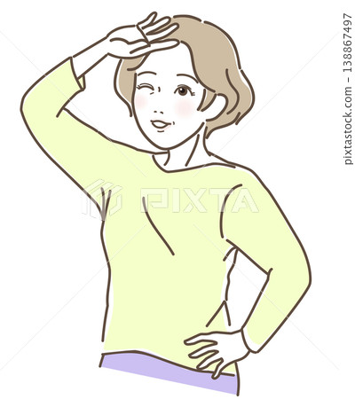 一位微笑的中年婦女用雙手遮擋陽光;向量插圖,描繪了她神采奕奕的上半身。 一位微笑的中年婦女用雙手遮擋陽光;向量插圖,描繪了她神采奕奕的上半身。 138867497