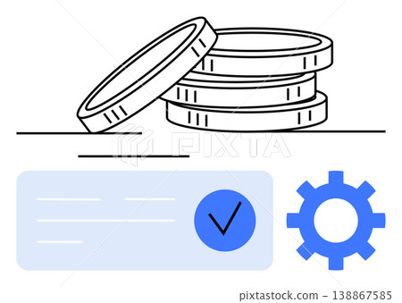 Finance, digital banking, automation, investment, fintech, economic growth. Stacked coins, blue check mark gear and lines these . Finance and digital banking concept Finance, digital banking, automation, investment, fintech, economic growth. Stacked coins, blue check mark gear and lines these . Finance and digital banking concept 138867585