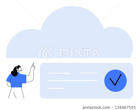 Cloud computing, data security, online storage, technology solutions, user support, digital systems. Large cloud icon, person interacting and checkmark. Cloud computing and data security ideas Cloud computing, data security, online storage, technology solutions, user support, digital systems. Large cloud icon, person interacting and checkmark. Cloud computing and data security ideas 138867593